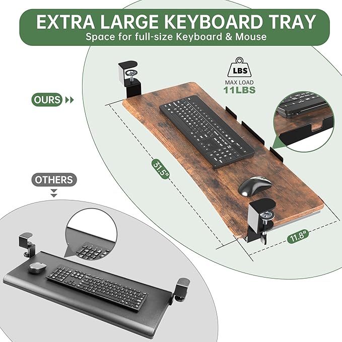 Extra Large Keyboard Tray Under Desk - Slide Out with Sturdy C-Clip Mount System, 31.5" (35.8" Including Clamps) x 11.8" Put-Out Keyboard Tray Computer Drawer, Rustic Vintage Brown