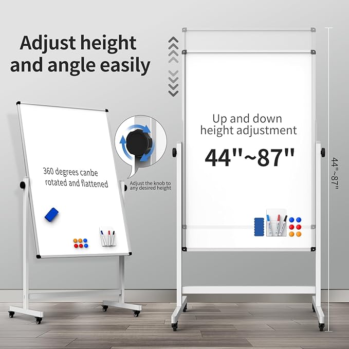 Rolling Whiteboard, Double Sided Magnetic Dry Erase Board Height Adjustable Whiteboard with Stand for Home Office Classroom (48" x 32")