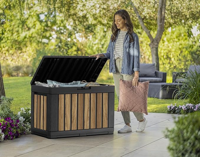 Keter Signature Collection 50 Gallon Resin Deck Box Organization and Storage Box for Patio Outdoor Cushions, Throw Pillows, Garden Tools and Pool Supplies, Oakridge