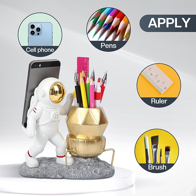 Astronaut Pen Pencil Holder with Phone Stand Resin Spaceman Pencil Holder Desk Pen Holder Organizer Decorative Accessories Suitable Office Classroom Home Creative Gifts for Adults and Kids