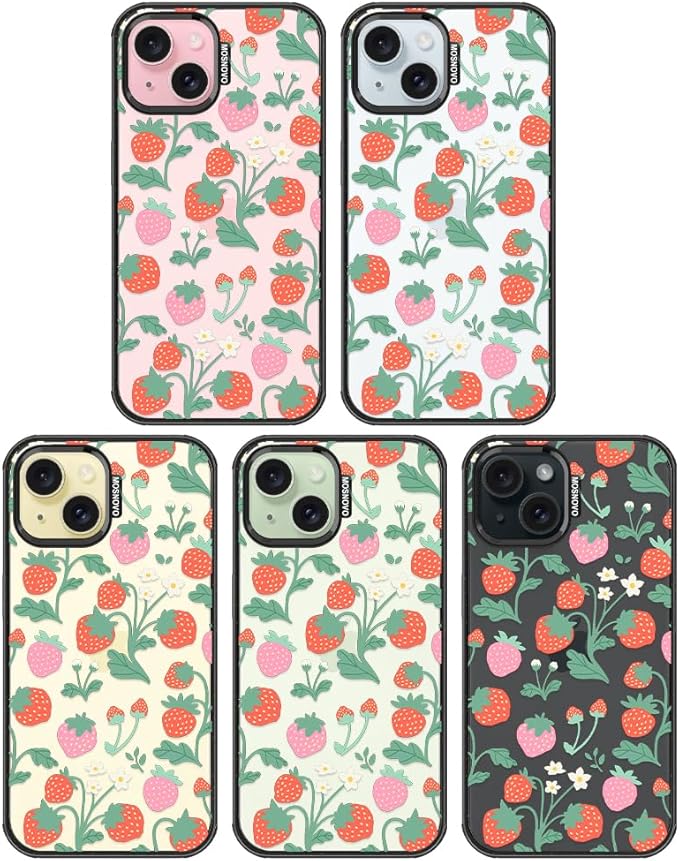 MOSNOVO Case for iPhone 15 Plus, [10ft 4X Military-Grade Drop Protection] Durable & Shockproof Phone Case Cover Design for iPhone 15 Plus / 14 Plus - Strawberry Garden - Clear Black