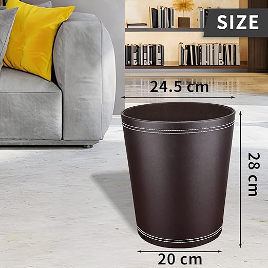 Pu Leather Trash Can for Bedroom, 2.6 Gallon Wastebasket for Office, Small Bathroom Garbage Cans for Home Decorative, Round Waste Basket Bin for Dorm Kitchen Brown