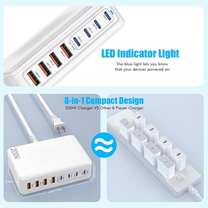 USB C Charger Block,200W GaN 8 Port USB C Charging Station USB Hub Block Cube Type C & USB A Wall Charger Power Adapter for Multiple Devices Apple iPhone 16/15/14,Steam Deck,MacBook Pro/Air,iPad Pro