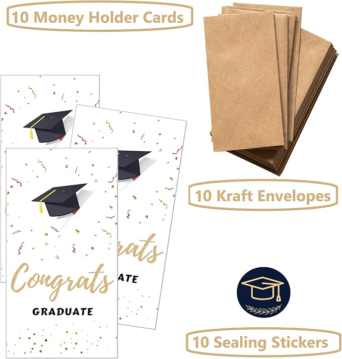 PINKEESEA Graduation Cards 2025 Money Holder Cards - 10 Pack - Gift Card Holder with Kraft Envelopes with Stickers - Bulk Grad Cards(Congrats)