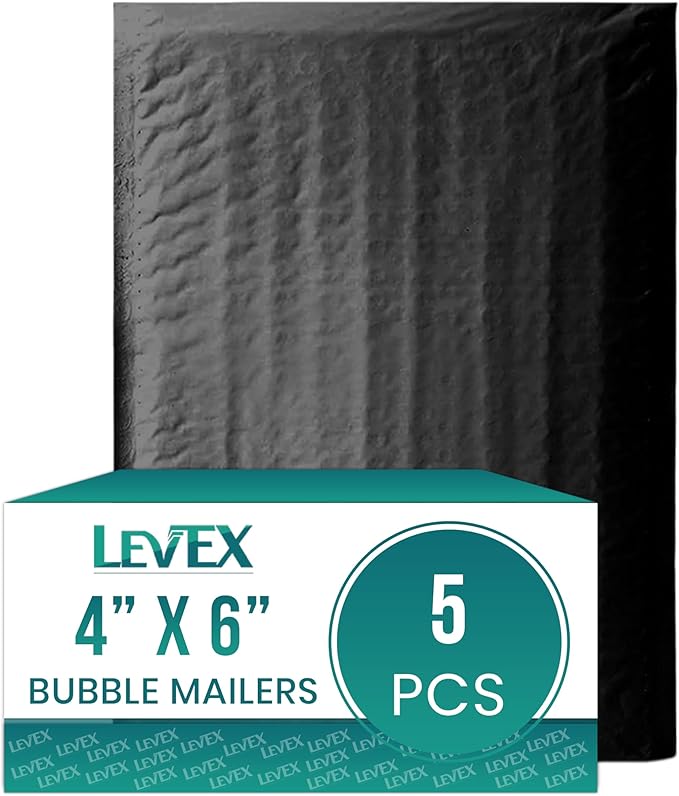 Levex - #0000 4" x 6" [5 Pack] Black Poly Bubble Mailers, Padded Envelope Mailers, Packing Envelope & Mailing Bags for Shipping