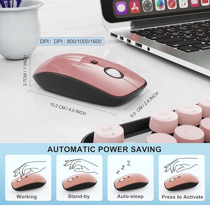 FOPETT Wireless Keyboard and Mouse Combo, 104 Keys Full-Sized 2.4 GHz Round Keycap Colorful Keyboards, USB Receiver Plug and Play, for Windows, Mac, PC, Laptop, Desktop (GradientPink)