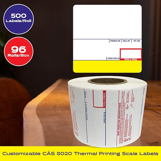 CEPRICO - Customizable CĀS Scale Labels - 96 Rolls of Thermal Printing Scale Labels – Compatible with CĀS LST-8020 | UPC Ingredient | Ideal for Supermarkets, Retailers and Grocery Stores
