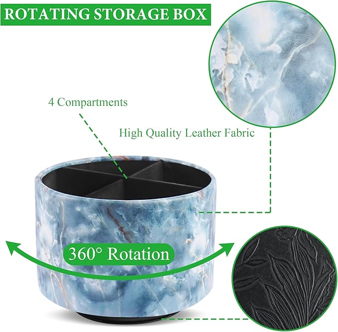 Round Leather Art Supply Organizer,Remote Control Holder,360-degree Rotating Pen Organizer with 4 Compartments(1-Marble Jade)