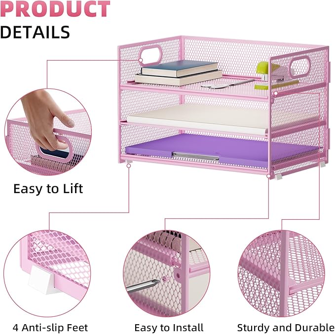 Marbrasse 3 Tier Paper Organizer Letter Tray, Mesh File Organizer with Handle, Paper Sorter Desk Organizer for Home Office Supplies - 2p Pink