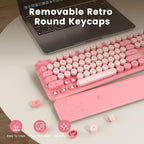 Wireless Keyboard, Round Keycaps, Retro Typewriter Keyboard with Detachable Wrist Rest, Sleep Mode, Foldable Legs, 2.4GHz Full-size Cordless Computer Keyboard for Windows/PC/Laptop (Baby Pink)