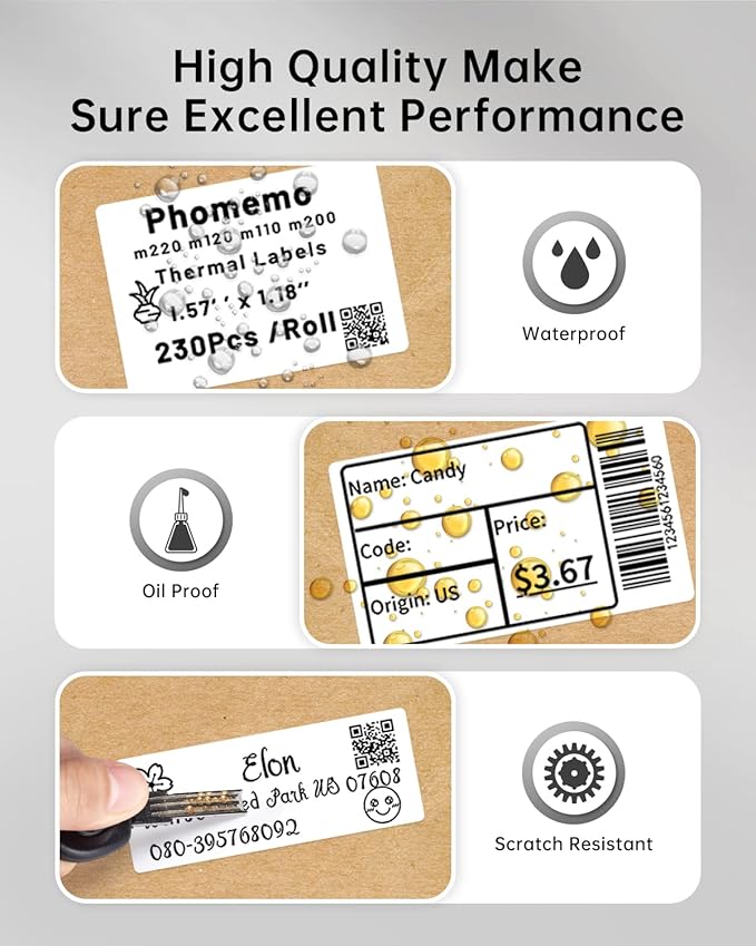 Phomemo Labels Set, M220 M110 M108 M250 M260 M150 M221 M120 M200 Label Maker Tape,Black on White Thermal Paper Self-Adhesive Stickers, Include 1.57'' x 1.18'',1.96'' x 1.18'',1" x 2-5/8"