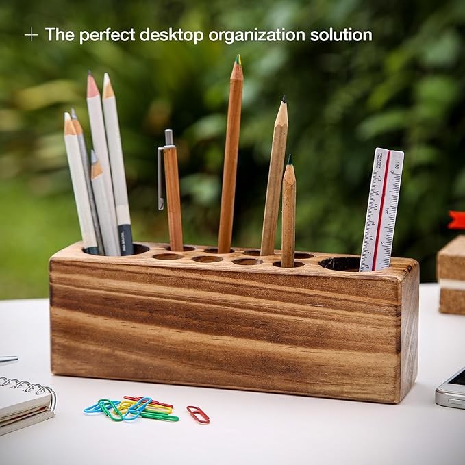 Solid Pine Wood Pen Holder for Desk – Fountain Pen Holder – Stylish Wooden Pencil Holder and Pen Desk Organizer