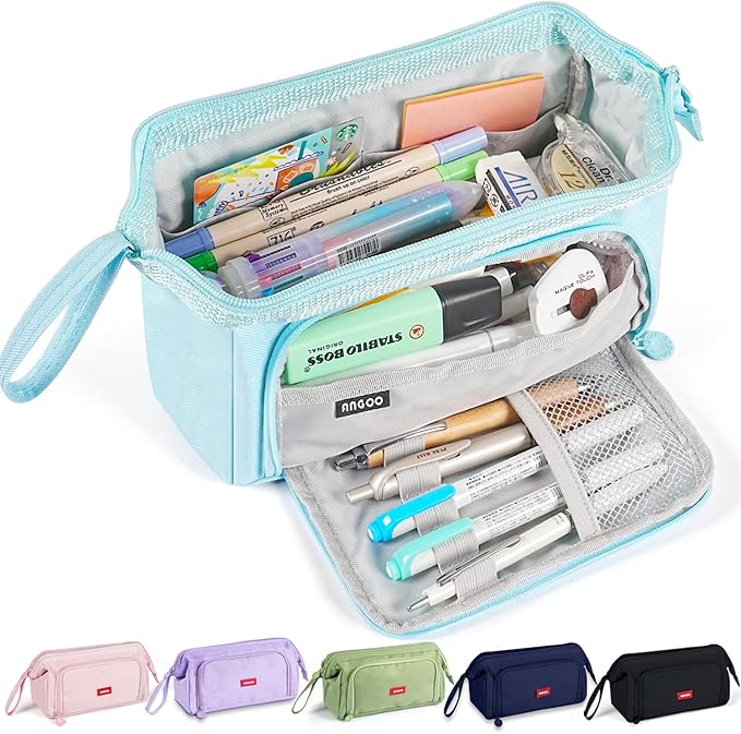 Pencil Case Pouch Large Capacity with Compartments, Pencil Case Pouch Bag with Zipper Handle for Teen Girls Boys Adults Women Men, Portable Pen Bag Stationery Organizer for Office School Travel, Blue