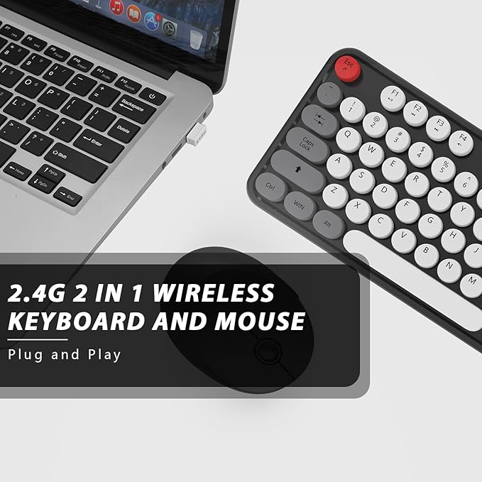 Wireless Keyboard and Mouse, KOOTOP Cute Keyboard and Mouse, 2.4G Wireless Keyboard with Retro Round Keycap for PC, Mac, Laptop,Tablet,Computer Windows (Grey)