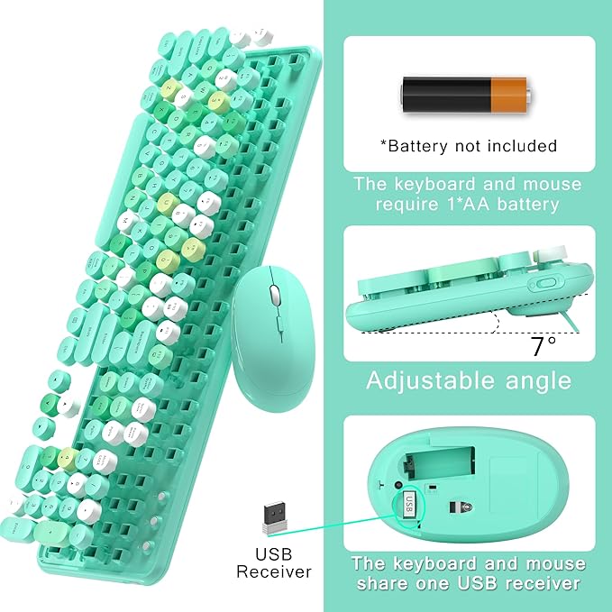 Colorful Wireless Computer Keyboard and Mouse Combo with Round Typewriter Keycaps, Retro Design, Power Switch, Ergonomic Design, 2.4GHz Wireless for Windows, Mac, PC(Green-Colorful)