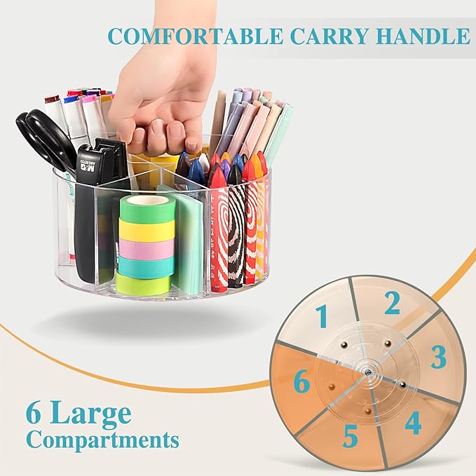 Large Acrylic Pen Holder for Desk, 6 Slots 360-Degree Rotating Pencil Holder Marker Organizer for Kids, Caddy Art Supply Organizer Crayon Organizers for Office School