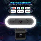 ToLuLu Streaming Webcam 2K 50FPS Web Cam, LED RGB Webcam with Microphone and Light, Autofocus Computer Camera with Cover and Tripod, Plug-Play USB Web cam for PC Desktop/MacBook Gaming Video Calling