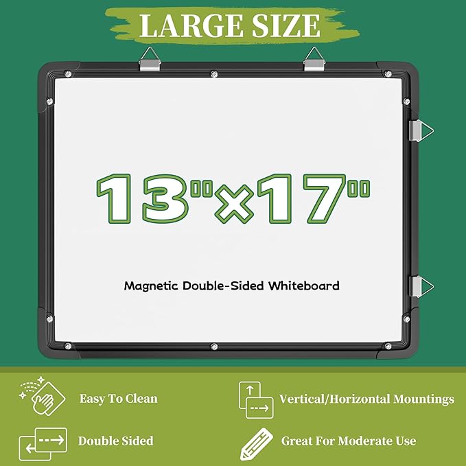 Dry Erase Calendar White Board for Wall, Polegas 17" X 13" Magnetic Whiteboard Dry Erase Cork Board Combination, Small Wall Monthly Double Sided Boards Student, Home, Office (Black)
