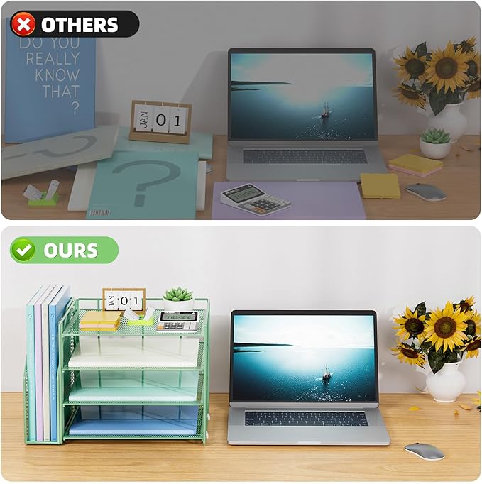 Marbrasse Desk Organizer and Accessories，4-Tier Paper Letter Tray Organizer with File Holder，Desk Accessories & Workspace Desktop Organizers for School Home Office Supplies (Green)