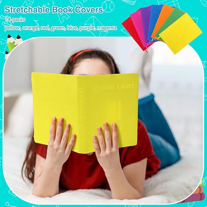 Sherr 48 Pcs Stretchable Jumbo Book Sleeve Covers 14.5 x 9 Inch Stretchable Book Cover Fabric Protector Reusable Textbook Cloth for Classroom Most Hardcover About 9 x 12 Inch (Vibrant Color)