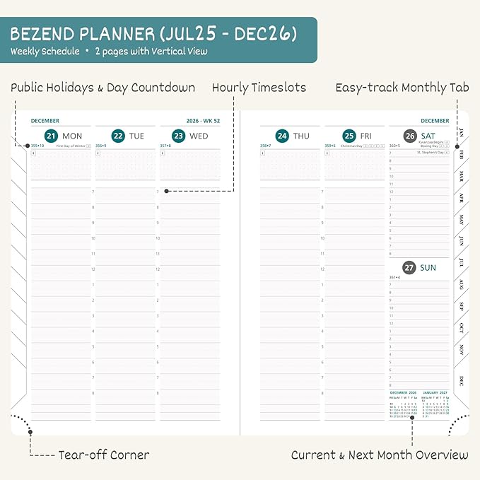BEZEND Planner 2025-2026 Weekly and Monthly, 8.5" x 11" Academic Calendar (Jul 25-Dec 26) Vertical Daily Appointment with Hourly Timeslot & Monthly Tab, PU Leather Hardcover - Turquoise