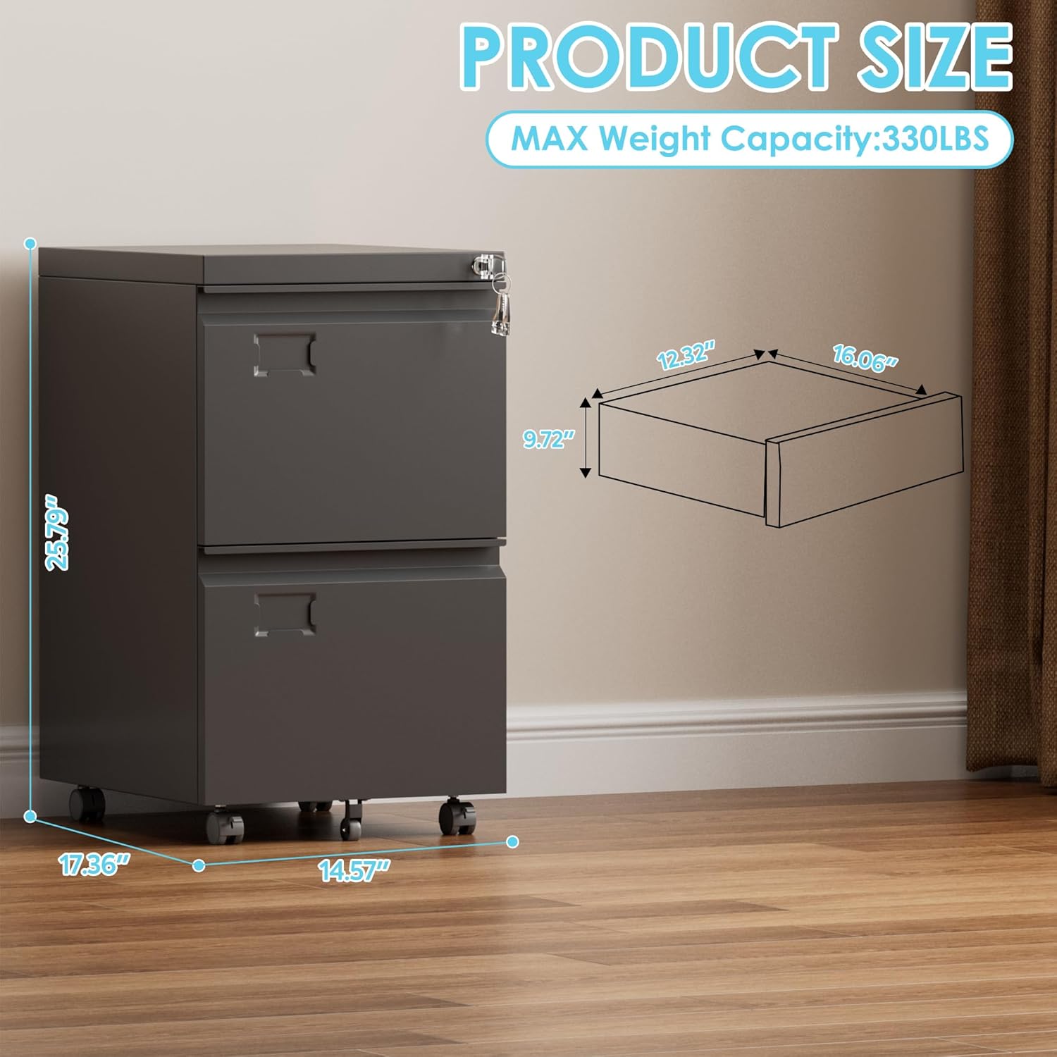 2 Drawer Mobile File Cabinet with Lock,Under Desk Metal Filing Cabinets for Home Office Fits Letters/Legal/A4 Size Folder, Assembly Required, Black