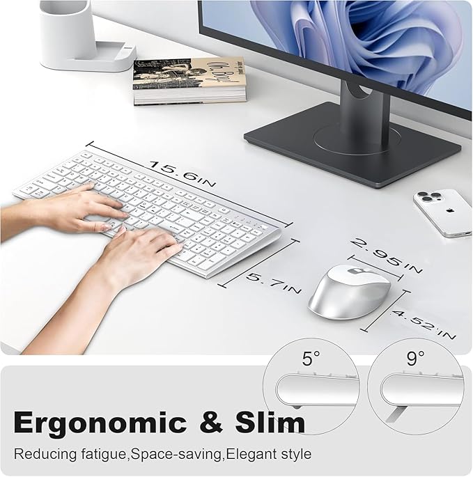 FENIFOX Wireless Keyboard and Mouse, Ergonomic Rechargeable Silent Quiet Slim Compact Full-Size USB C with Number Pad Flat Soft Cover for PC Computer Laptop Mac MacBook iMac TV Windows - Silver White