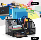 Comix Mesh Pen Pencil Holder Desk Organizer, 7 Compartment Wire Desktop Pen Pencil Cup Caddy Office Supplies for Home Office School, Black