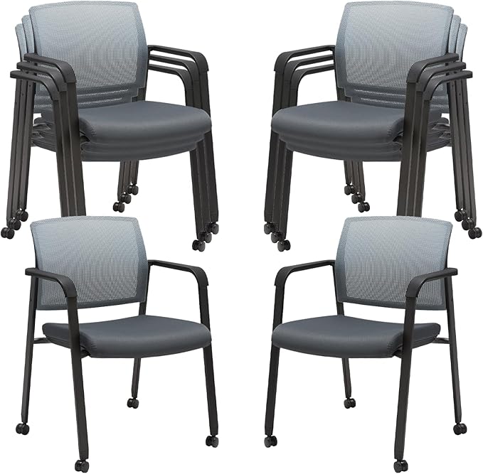 CLATINA Mesh Back Stacking Arm Chairs with Upholstered Fabric Seat and Ergonomic Lumbar Support for Office School Church Guest Reception (WithWheels Gray- 8 Pack)