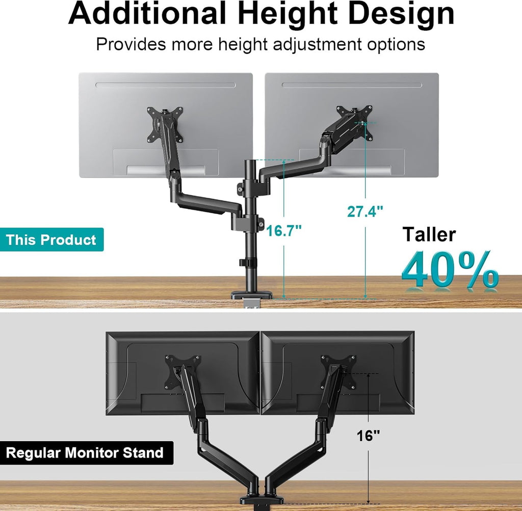 MOUNT PRO Dual Monitor Mount for 13-32" Computer Screen, Tall Monitor Stands for 2 Monitors, Adjustable Gas Spring Double Vertical Monitor Desk Mount, Each Arm Holds 4.4 to19.8lbs, VESA Mount, Black
