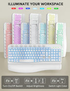 SABLUTE Ergonomic Wireless Keyboard and Mouse Combo - Wave Keyboard with Soft Leather Wrist Rest, Resistant Keys, RGB Backlit Rechargeable Set for PC/Mac/Chromebook (White)