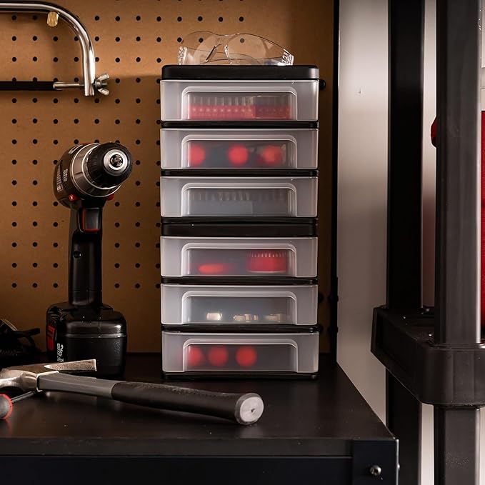 IRIS USA Plastic Stacking Desk Top 3-Drawer Storage Organizer, 2-Pack, for Makeup Vanity Nail Polish Bathroom Stationery Art Craft Supplies Kitchen Office Garage and Small Organization, Small, Black