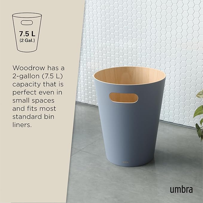 Umbra Woodrow 2-Gallon Modern Wooden Trash Can Wastebasket, Attractive Bin for Garbage or Recycling, Suitable for Home or Office, Slate Blue