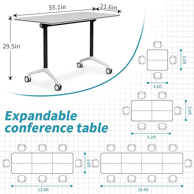 Folding Conference Table, Modern Conference Room Tables with Flip-Top Design, Foldable Conference Table Meeting Table with Wheels, Mobile Seminar Training Tables for Office Classroom (6, White 2)