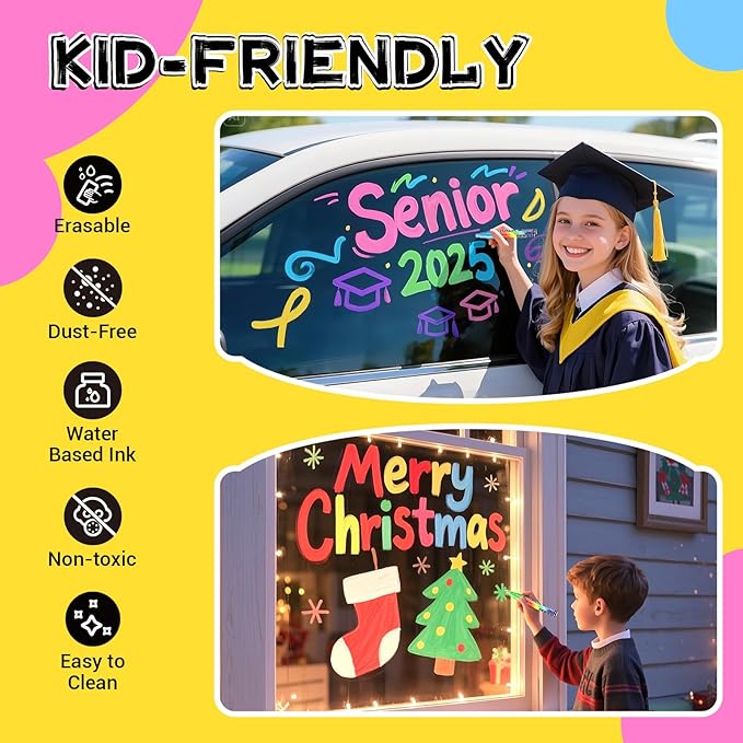 Jumbo Chalk Window Markers for Cars Glass Washable: 8 Colors Liquid Chalk Markers Pen with 10mm Wide Tip, Chalkboard Marker, Window Paint Marker for Car Window, Blackboard, Auto Windshield Decorations