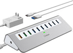 Powered USB Hub 10Gbps, 10 Port USB 3.1 Gen 2 Hub with 7 USB 3.1 Data Ports, 3 Fast Charging Ports, 36W Power Adapter, Type A and Type C Cable, Aluminum USB Data Hub for Mac, PC, Laptop