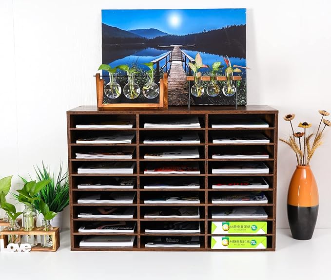 PAG Wood Literature Organizer Mail Sorter Student Mailbox for Classroom Desktop Bill Paper Holder for Office Home School, 27 Compartments, Antique Brown