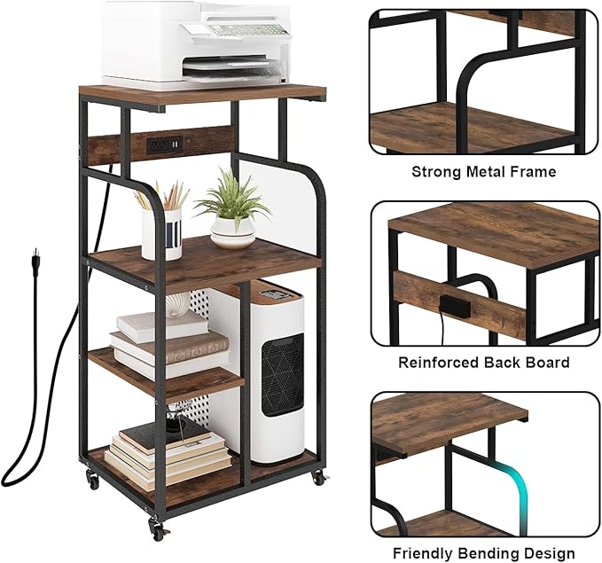 VEDECASA Large Printer Stand Cart with Charging Station USB Port 21.2"x15.7"x42.3" Tall 3-Tier Adjustable Shelf Storage Home Office Rolling Stand with Wheels