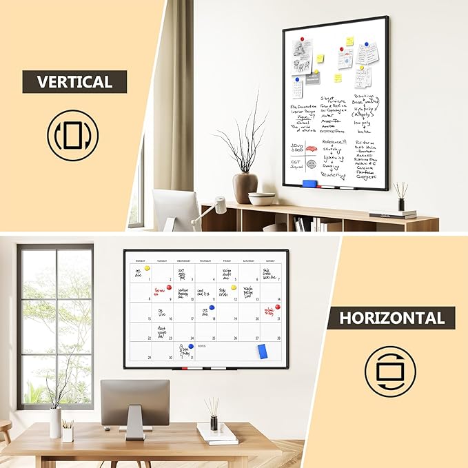 Magnetic Dry Erase Whiteboard - 46 x 33 Inch White Board - 4 x 3 Large Wall-Mounted Board with Black Aluminum Frame, 1 Magnetic Eraser, 2 Pen, Detachable Marker Tray, 6 Magnets