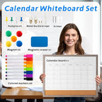 Dry Erase Calendar Whiteboard, 17" x 13" Magnetic Whiteboard Cork Board Combo, Reusable Monthly Planner with 8 Markers, Eraser, Magnets and Push Pins to Hang Dry Erase Board for Home, School - Gray