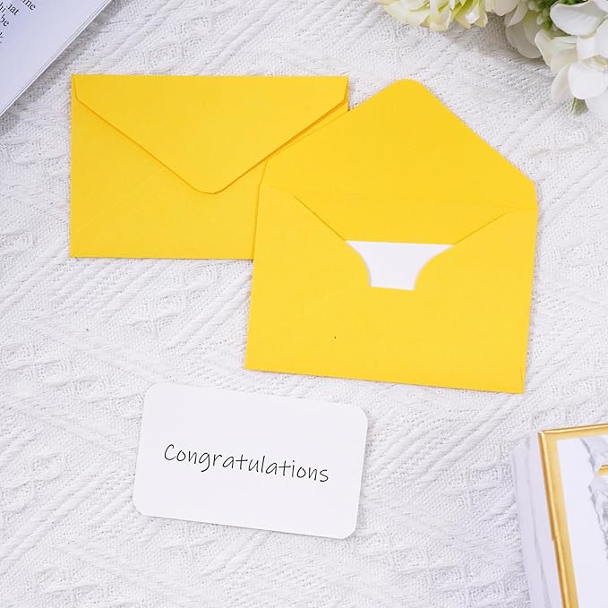 jiebor 100 Sets Small Yellow Envelopes with Small Blank Gift Business Card Wedding Invitation Pocket Envelopes for Graduations Wedding Shower Holiday 4.37 x 2.91 Inch
