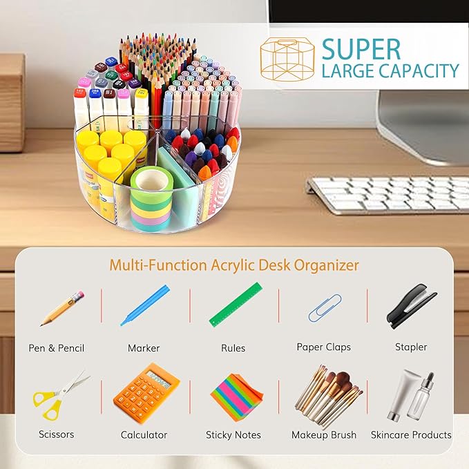 Large Acrylic Pen Holder for Desk, 6 Slots 360-Degree Rotating Pencil Holder Marker Organizer for Kids, Caddy Art Supply Organizer Crayon Organizers for Office School