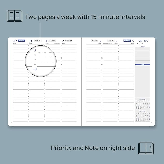 POPRUN Weekly Planner 2025-2026, 7.25'' x 8.5'', 15-Minute Hourly Appointment Book (July 2025-June 2026) with PU Leather Softcover, Monthly Tabs, Inner Pocket - Pacific Green