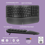 Logitech Wave Keys Wireless Ergonomic Keyboard with Cushioned Palm Rest, Comfortable Natural Typing, Easy-Switch, Bluetooth, Logi Bolt Receiver, for Multi-OS, Windows/Mac - Graphite