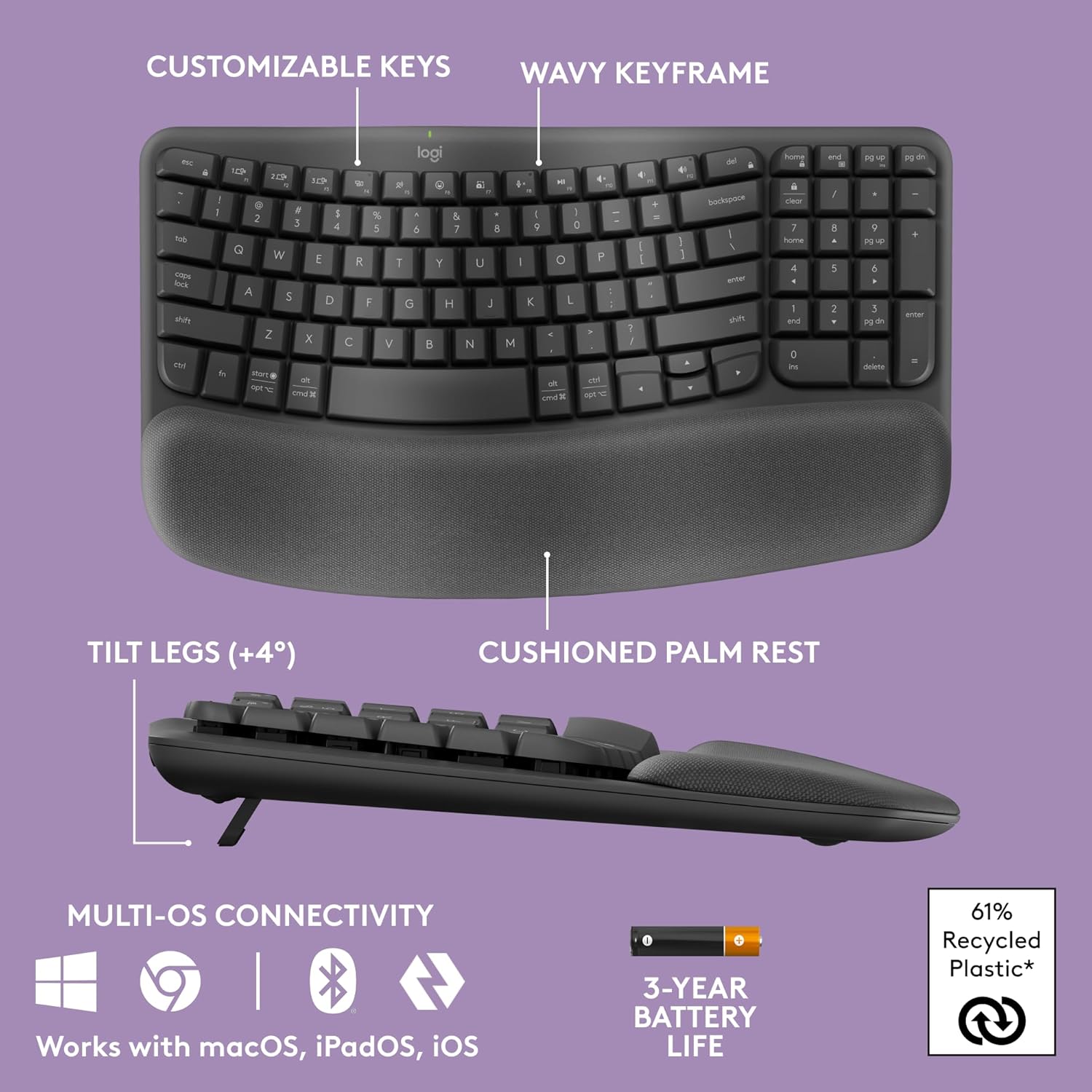 Logitech Wave Keys Wireless Ergonomic Keyboard with Cushioned Palm Rest, Comfortable Natural Typing, Easy-Switch, Bluetooth, Logi Bolt Receiver, for Multi-OS, Windows/Mac - Graphite