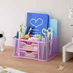 Marbrasse Mesh Desk Organizer, Pen Holder with 2 Drawer, Multi-Functional Pencil Holder, Desk Organizers and Accessories with 5 Compartments + Drawer for Office Art Supplies (Purple)