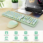 Wireless Keyboard and Mouse Combo, Ergonomic Full Size Typewriter Retro Round Keycaps Keyboard, Compatible with Windows, PC, Perfer for Home and Office Keyboards (Green