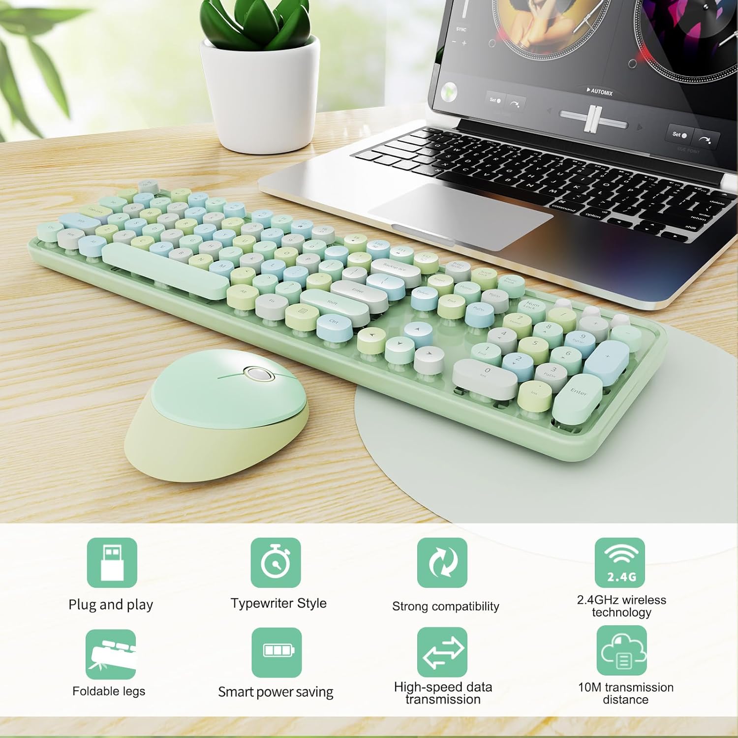 Wireless Keyboard and Mouse Combo, Ergonomic Full Size Typewriter Retro Round Keycaps Keyboard, Compatible with Windows, PC, Perfer for Home and Office Keyboards (Green
