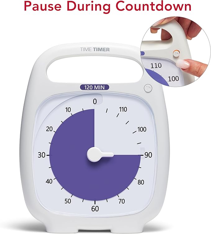 TIME TIMER PLUS 120 Minute Desk Visual Timer Countdown Timer with Portable Handle for Classroom, Office, Homeschooling, Study Tool, with Silent Operation (White)