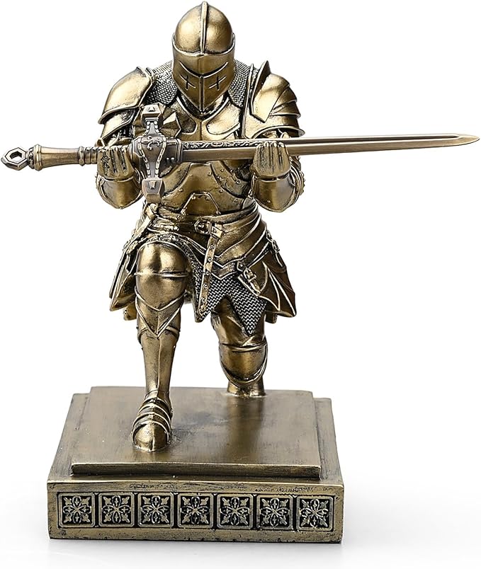 Medieval Armored Warrior Knight Pen Holder Desk Organizers and Accessories Resin Pencil Holder Paperweight as Gift with a Cool Letter Opener for Desk (Bronze)